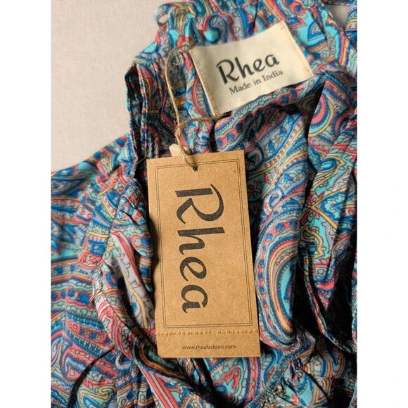 Rhea Women One Size Silk Blend Teal Pink Paisley Maxi Dress Boho Tiered Festival - Picture 6 of 10